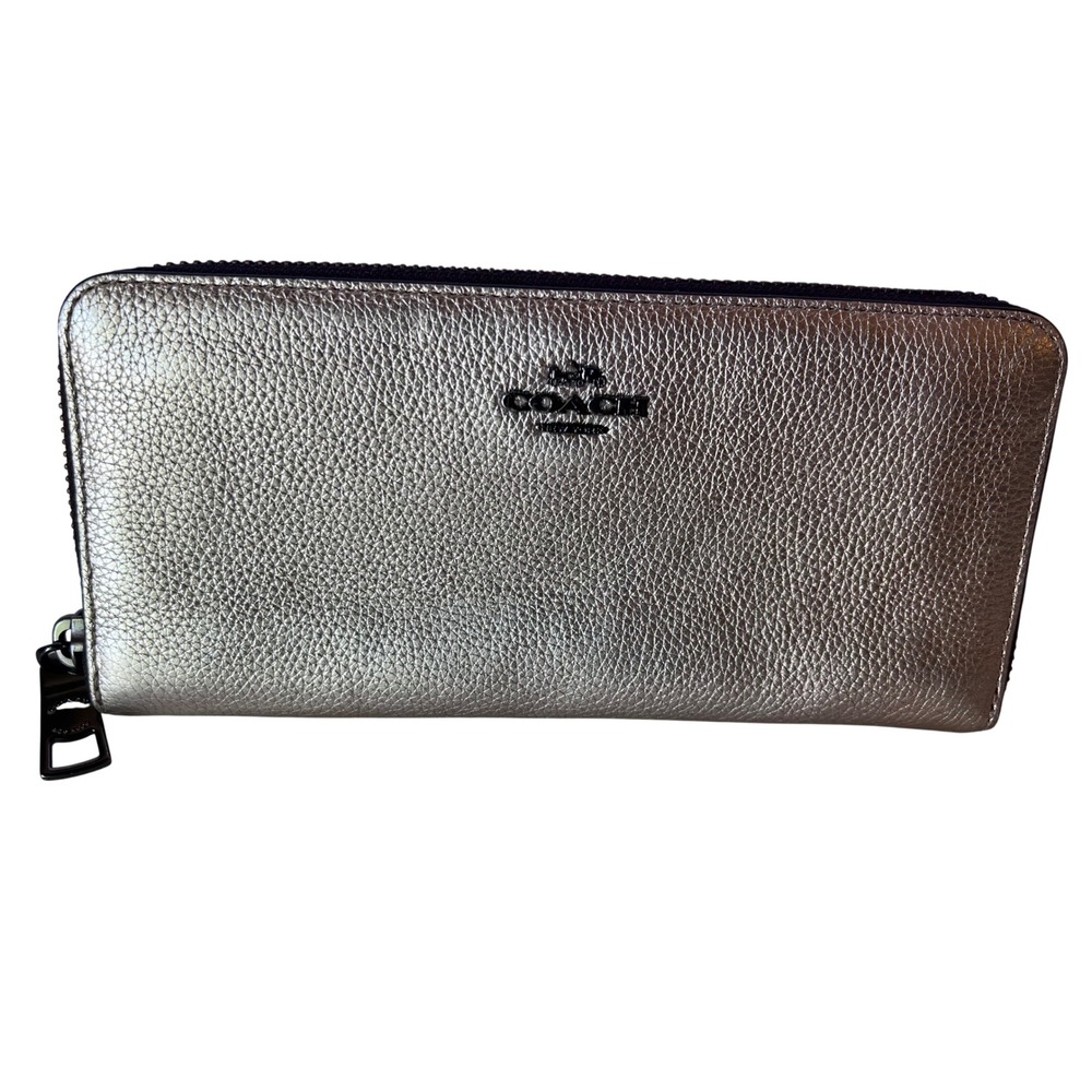 Coach Metallic Silver Leather Accordion Zip Around Wallet